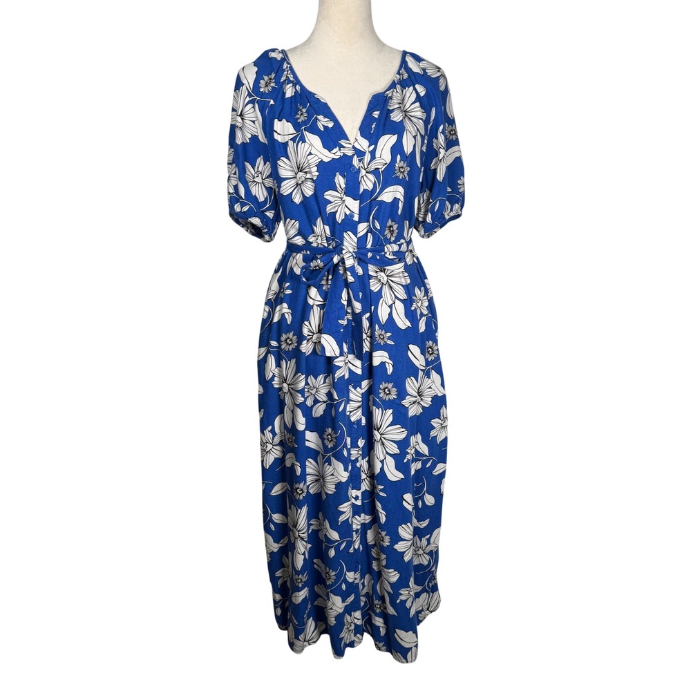 Sonoma Goods For Life Blue Floral Midi Dress Small Linen Rayon Belted Pockets